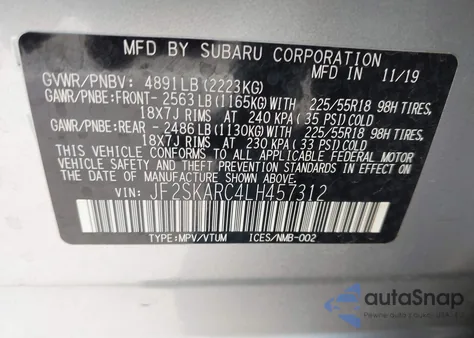 2020 Subaru Forester Sport из США, поврежденный, VIN JF2SKARC4LH457312